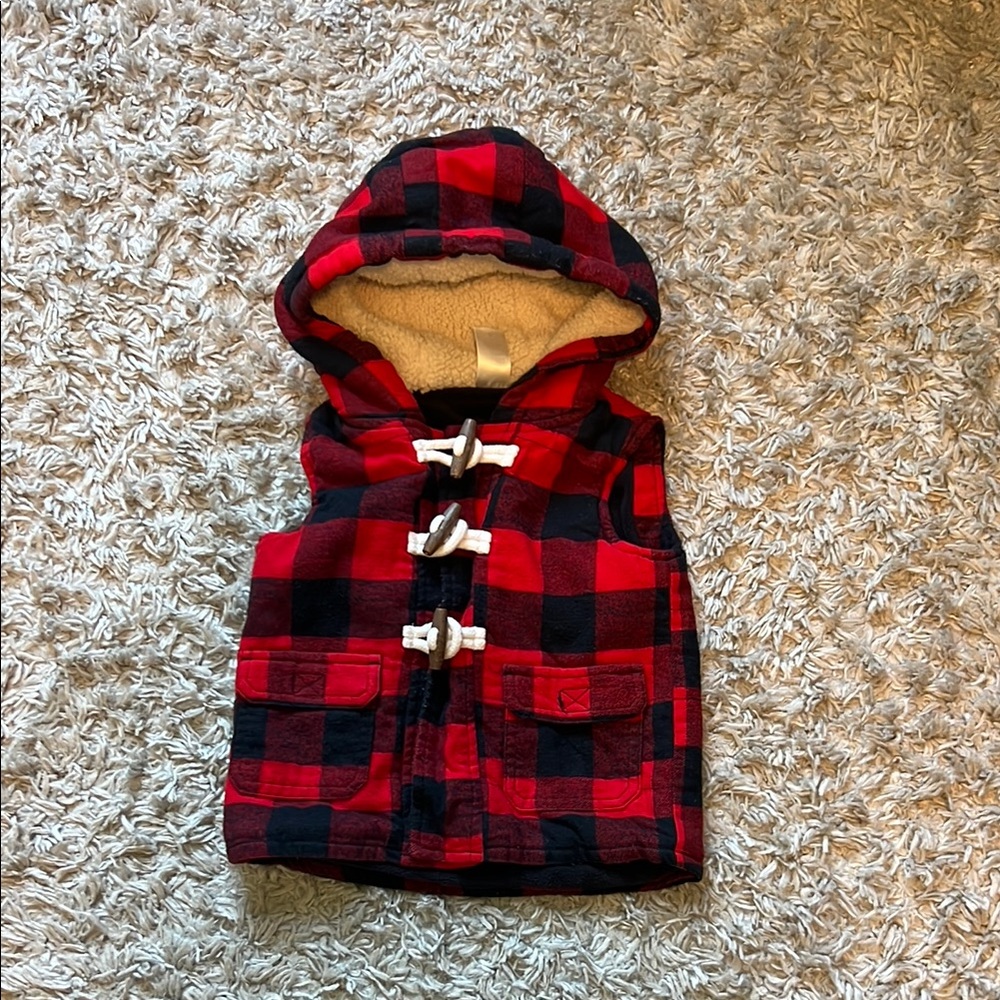 Red and Black Plaid Hooded Vest
